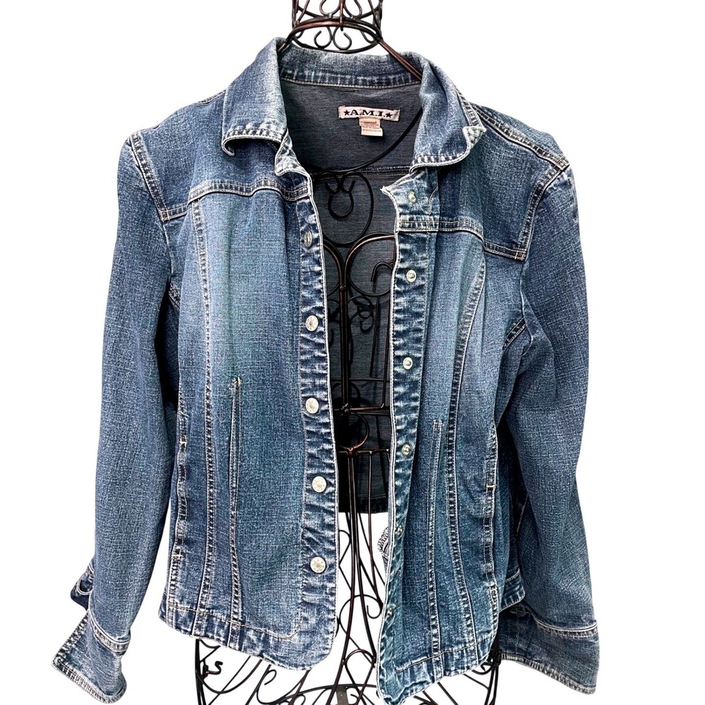 AMI Vintage Womens Denim Jacket Sz Medium Y2K Blue Jean Trucker Stretch A.M.I.